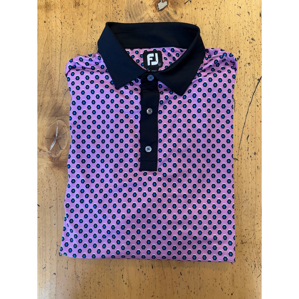 FootJoy Lisle Size L Pink Geometric Honeycomb Print Short Sleeve Golf Polo Shirt